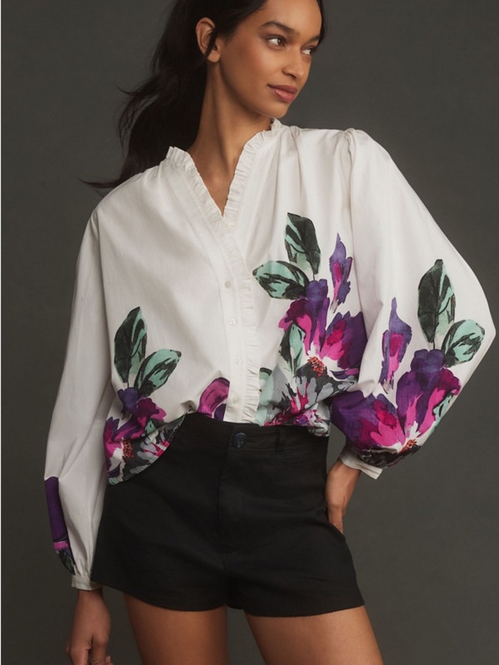 Forever That Girl Printed Ruffle Buttondown Blouse Purple Motif | Size S